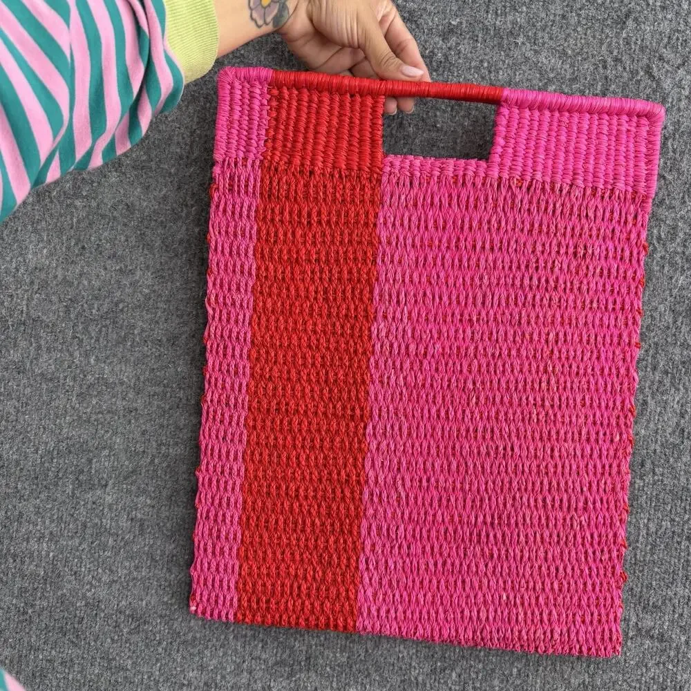 Artesano Grenada Woven Straw Tote Bag Pink Red Stripe Top Handle Beach Summer